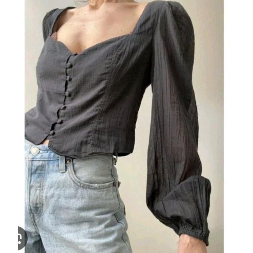 Free People Black Cotton Corset Button Front Puff Sleeve Smock Back Top XS EUC